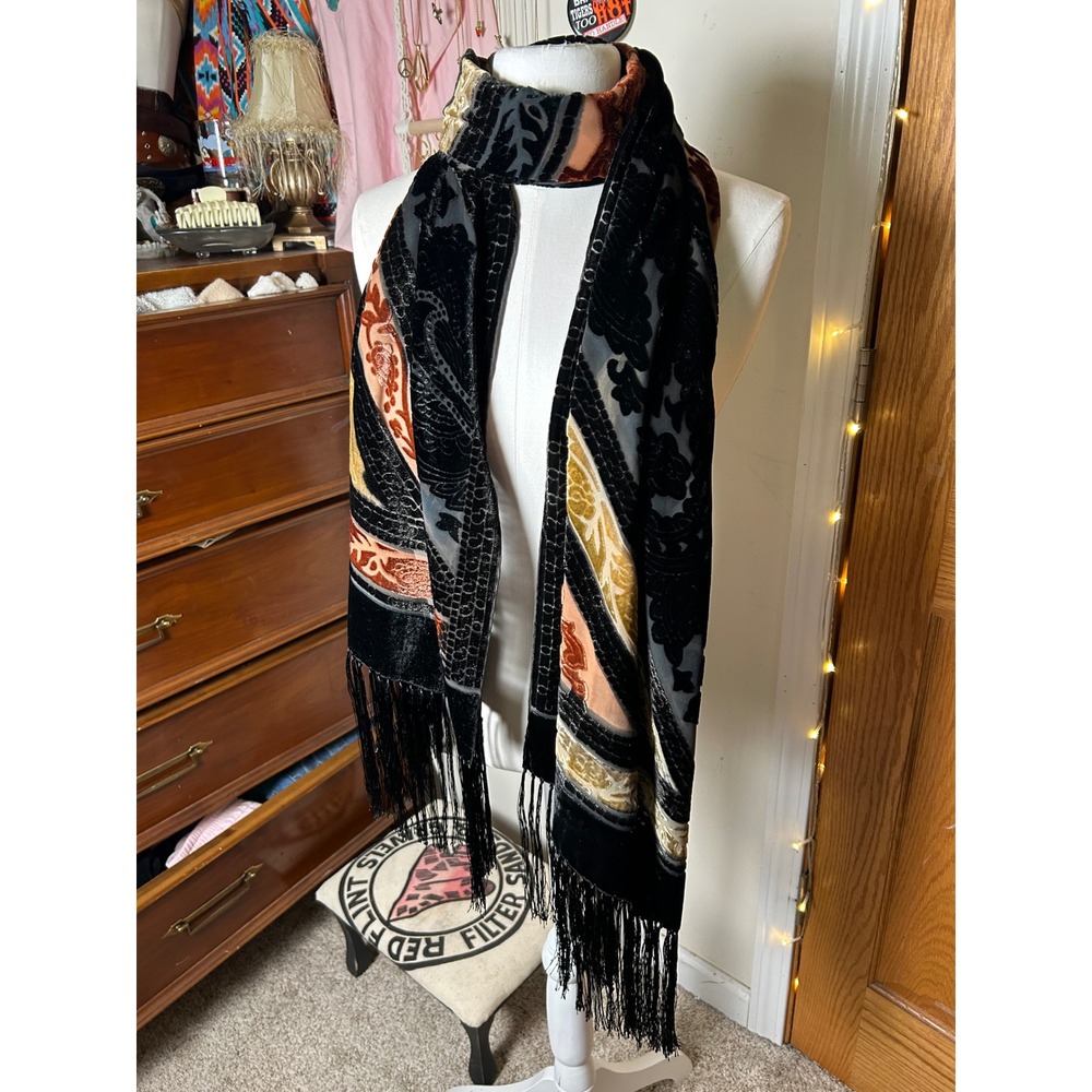 Vintage Silk Blend Burnout Velvet Scarf Boho Whimsigoth Victorian Fringe Large - Picture 6 of 7